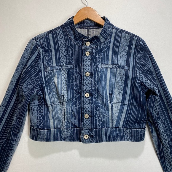 MARITHE + FRANCOIS GIRBAUD Jackets & Blazers - MARITHE FRANCOIS Womens Denim Jacket Blue‎ Striped Dragon Print Cropped Size XL
